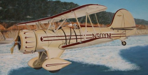 My Waco biplane, Low and slow, over the surf, sunset, Del Mar, CA... painting by John Dormer.